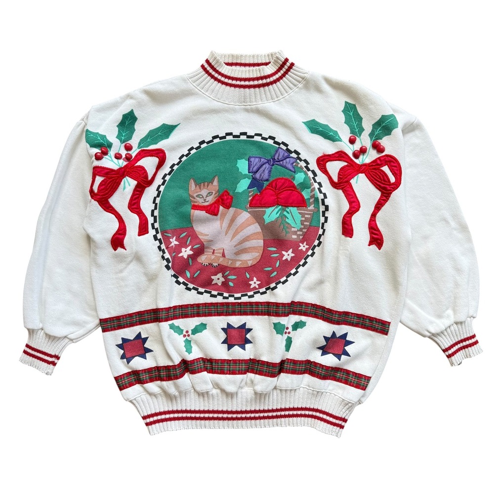 Vintage Starting Point Christmas Cat Sweatshirt White Red Plaid Festive Medium